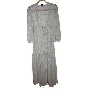 Express S/M White Sheer Kimono Robe top Metallic Silver Leaf Pattern & Tie Waist